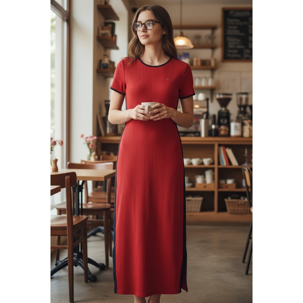 Tommy Hilfiger Womens Red Ribbed Knit Side Stripe Maxi Dress Small